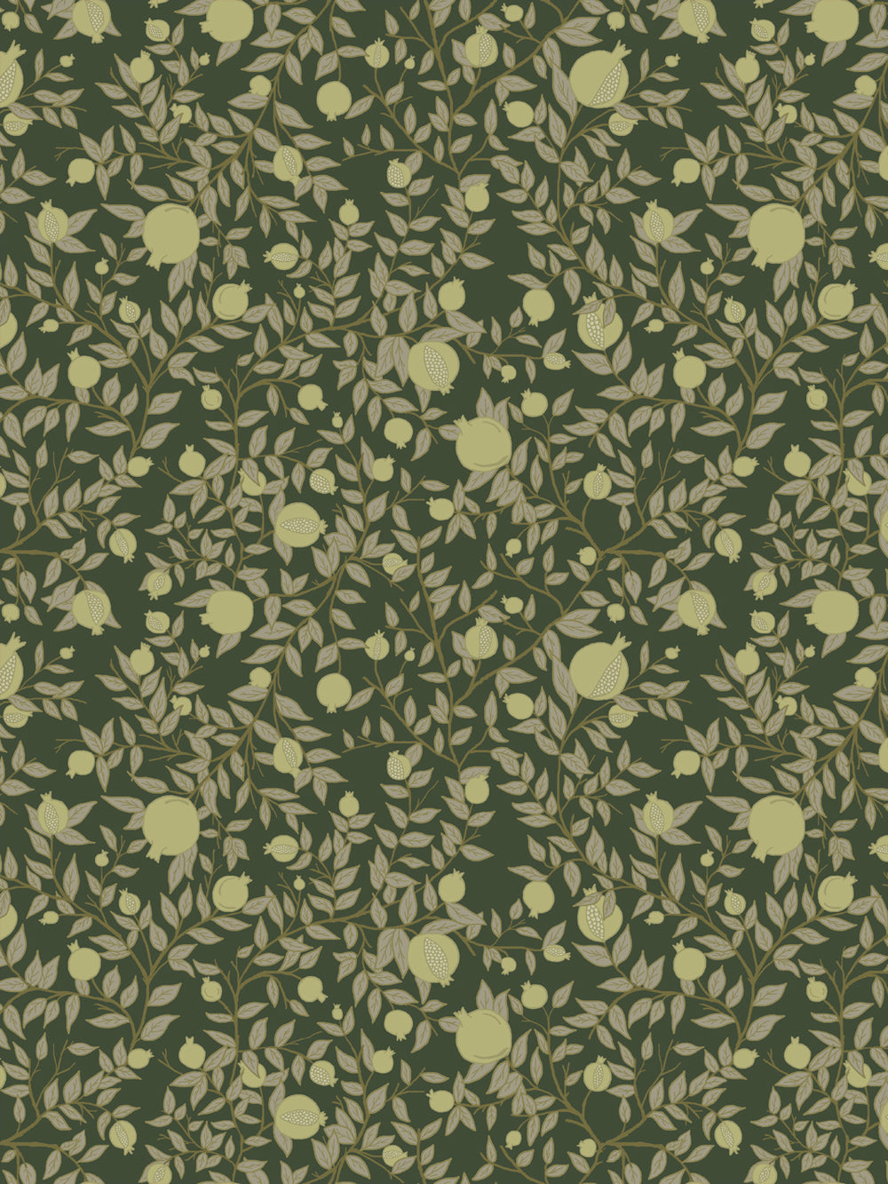 Pomegranate branch wallpaper with pale chartreuse fruit and khaki leaves on a deep olive green ground