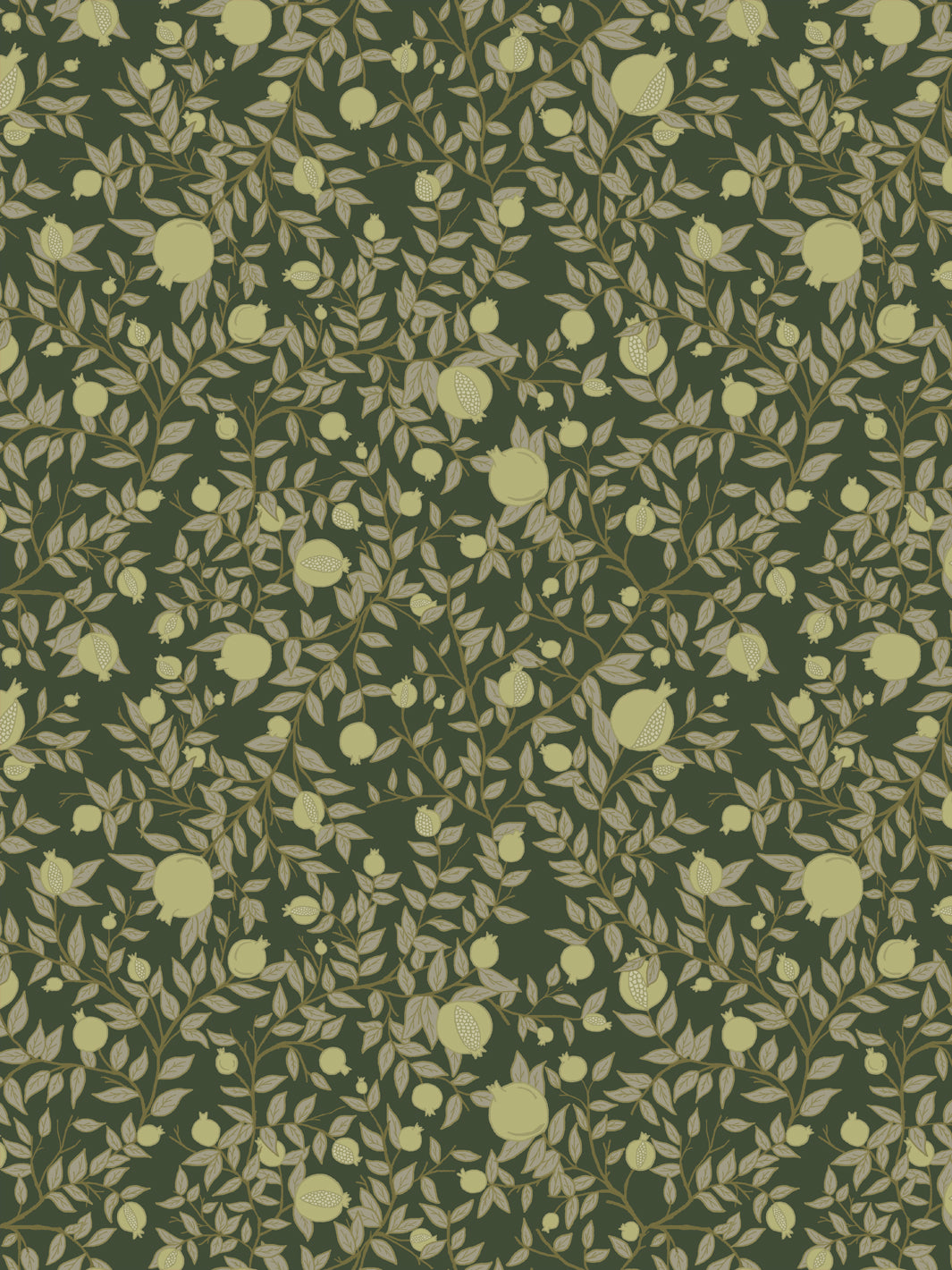 Pomegranate branch wallpaper with pale chartreuse fruit and khaki leaves on a deep olive green ground