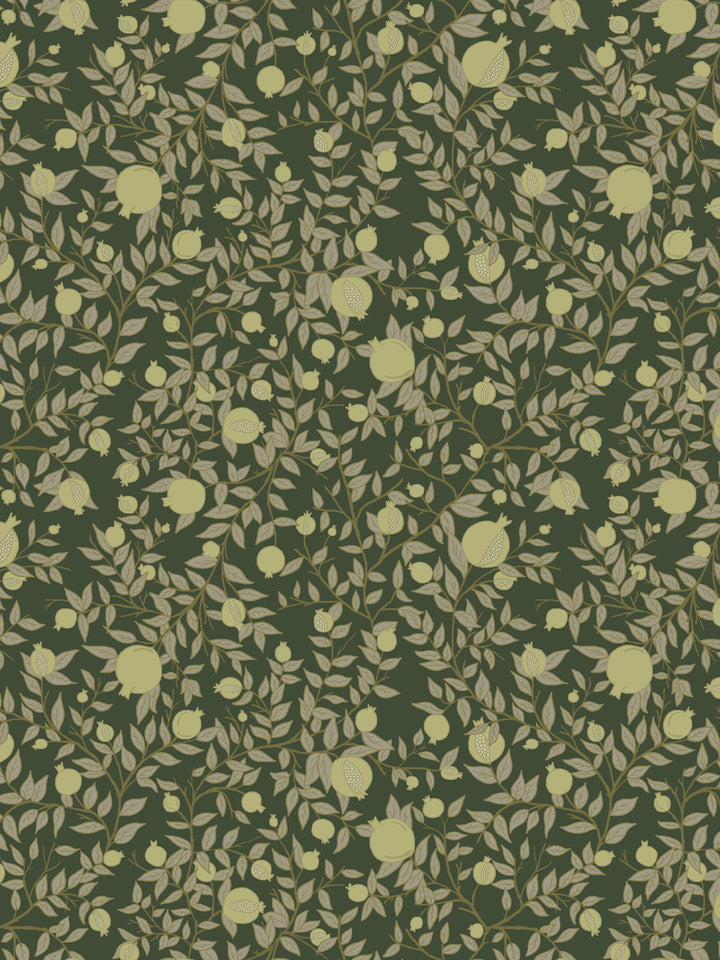 Pomegranate branch wallpaper with pale chartreuse fruit and khaki leaves on a deep olive green ground