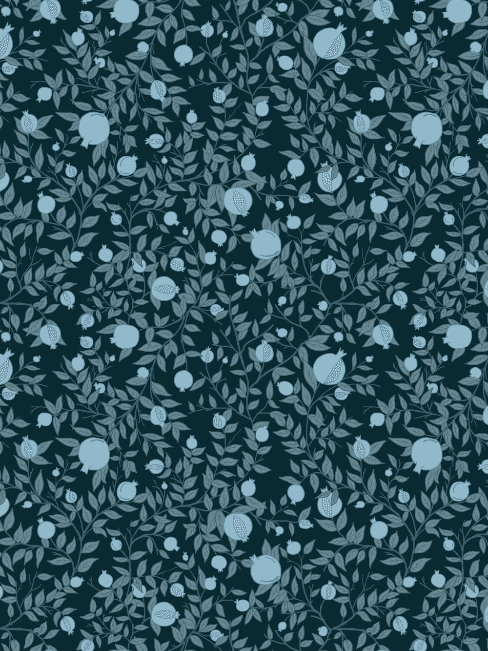 Pomegranate branch wallpaper with pale blue fruit and slate teal leaves on a very dark teal ground