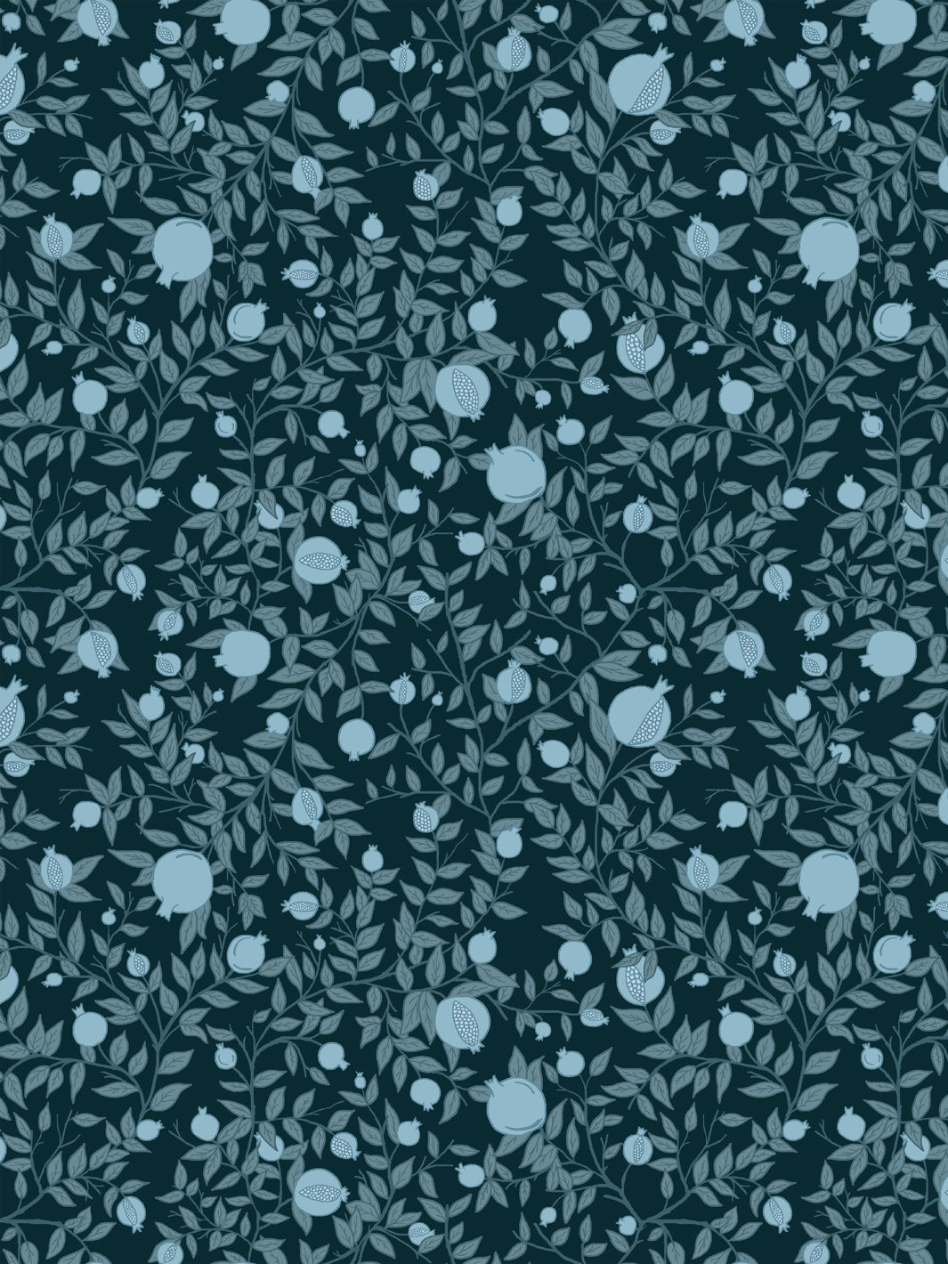 Pomegranate branch wallpaper with pale blue fruit and slate teal leaves on a very dark teal ground