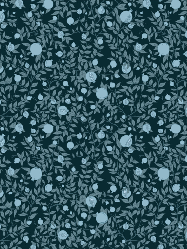 Pomegranate branch wallpaper with pale blue fruit and slate teal leaves on a very dark teal ground