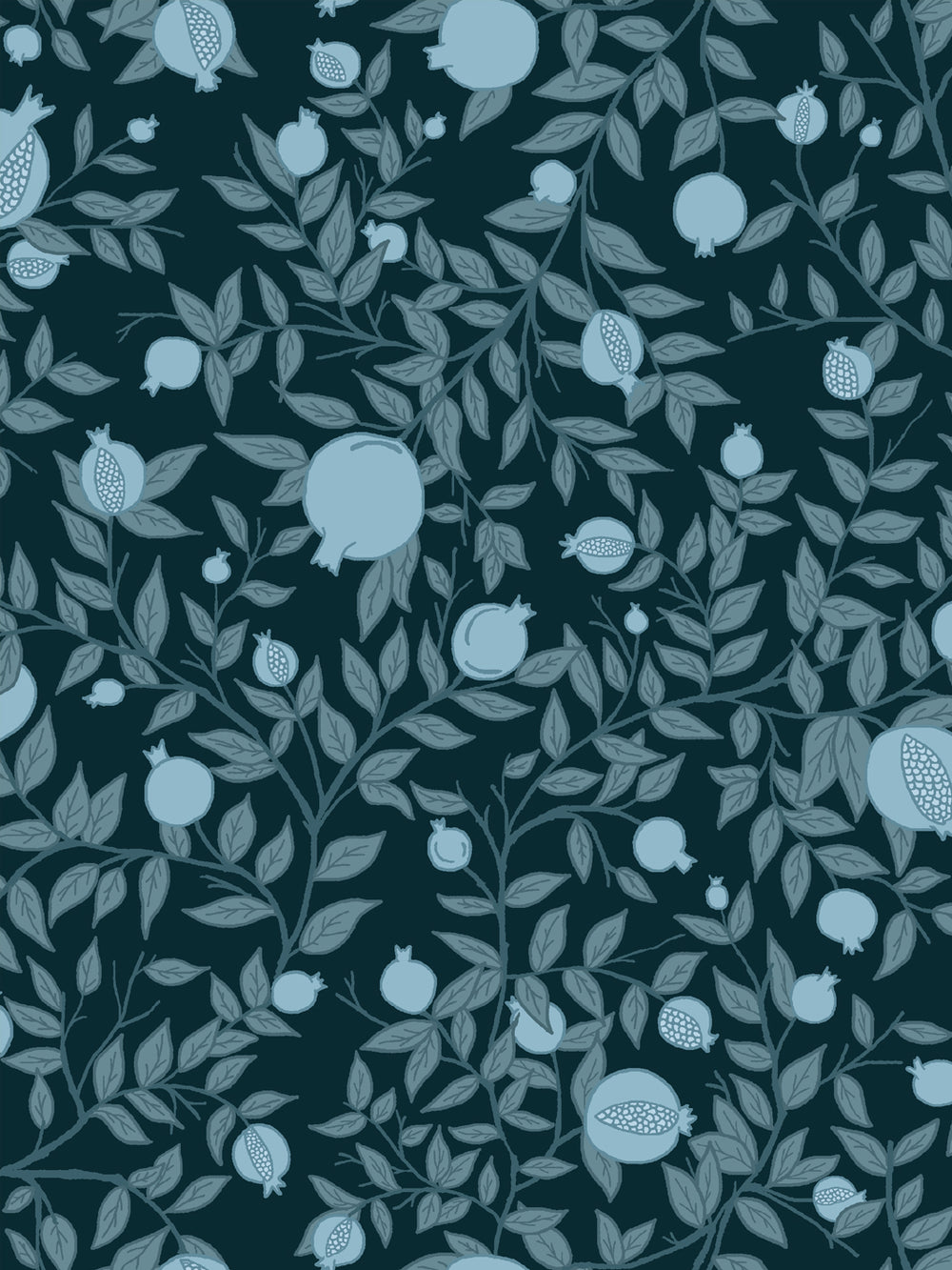 Close crop of pale ice blue pomegranate fruit on very dark teal-navy