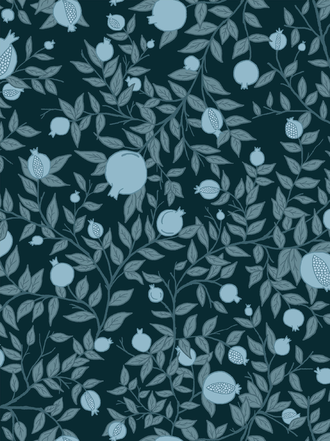 Close crop of pale ice blue pomegranate fruit on very dark teal-navy