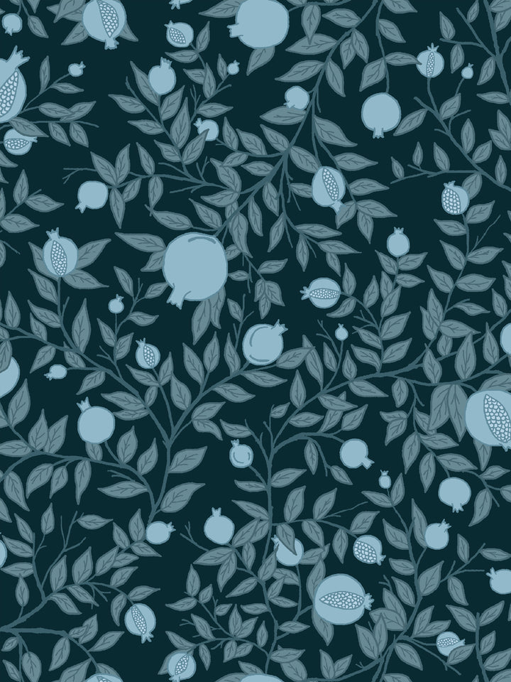 Close crop of pale ice blue pomegranate fruit on very dark teal-navy