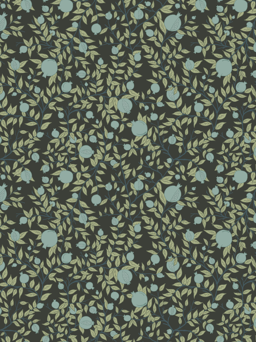 Pomegranate branch wallpaper with pale blue-green fruit and yellow-green leaves on a near-black ground