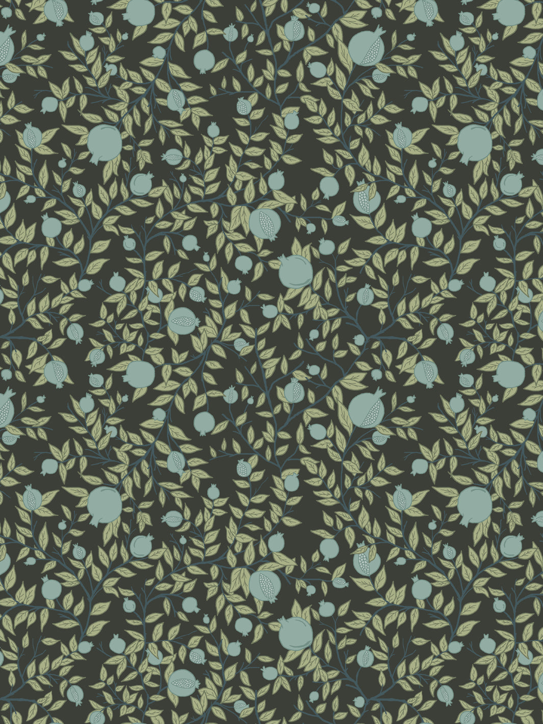 Pomegranate branch wallpaper with pale blue-green fruit and yellow-green leaves on a near-black ground