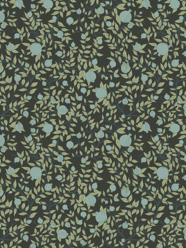 Pomegranate branch wallpaper with pale blue-green fruit and yellow-green leaves on a near-black ground