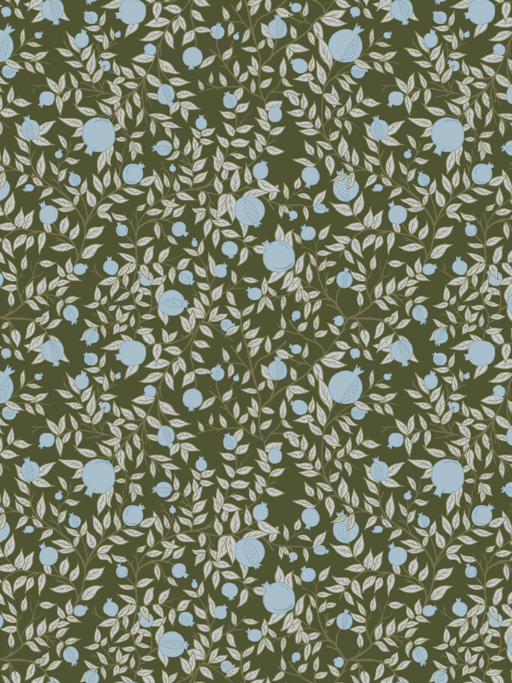 Pomegranate branch wallpaper with powder blue fruit and ivory leaves on a deep olive green ground