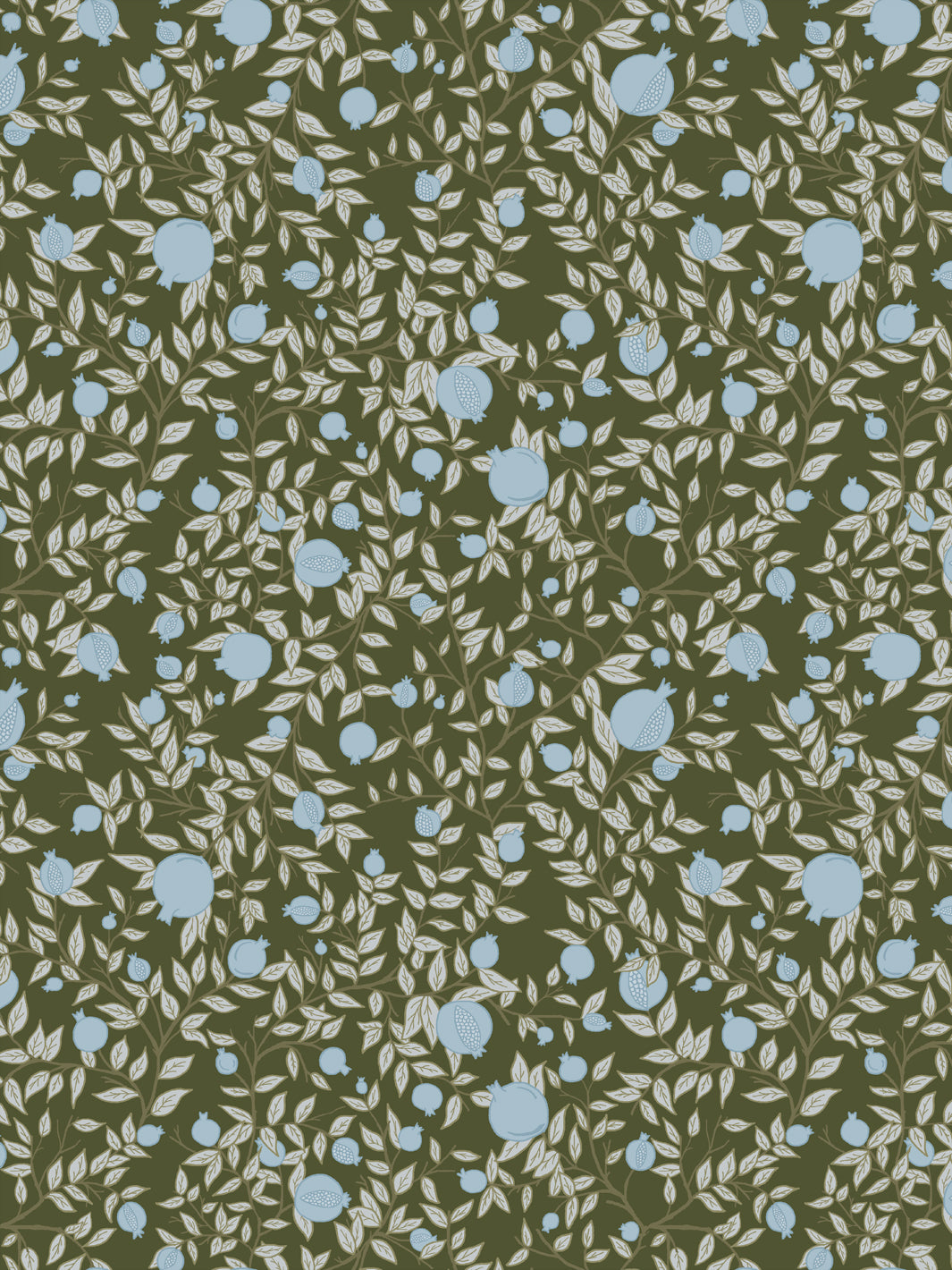 Pomegranate branch wallpaper with powder blue fruit and ivory leaves on a deep olive green ground