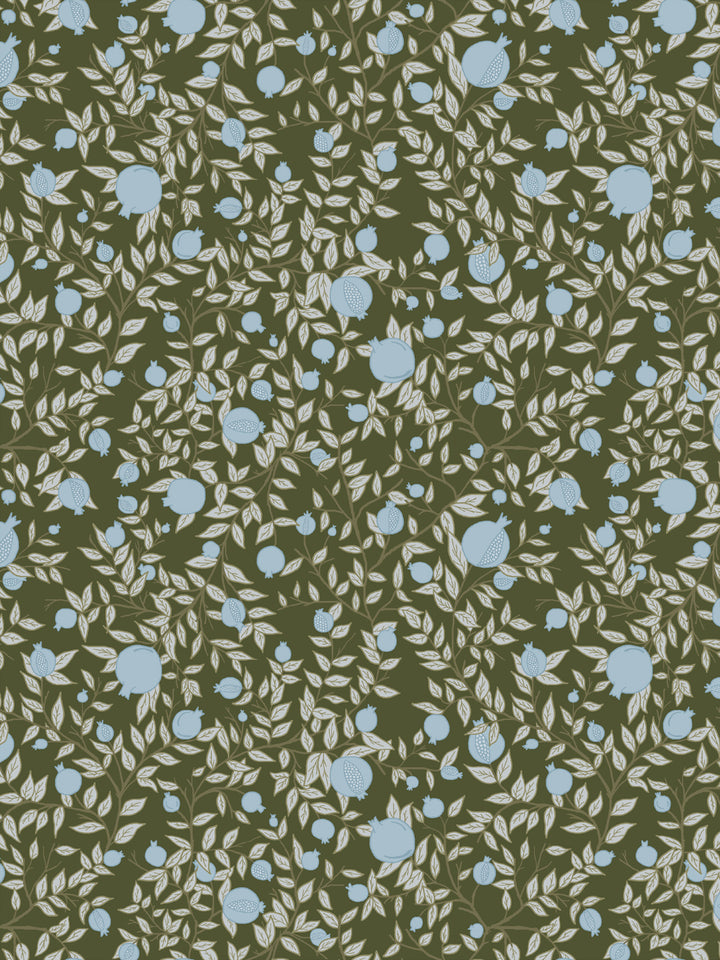Pomegranate branch wallpaper with powder blue fruit and ivory leaves on a deep olive green ground