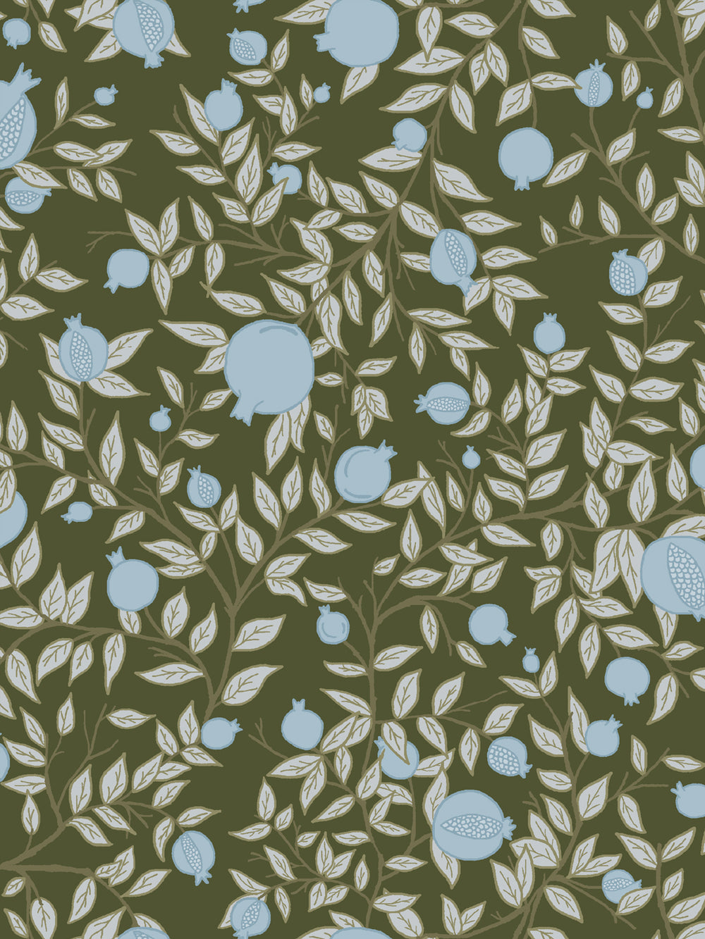Close crop of powder blue pomegranate fruit on deep olive-forest green
