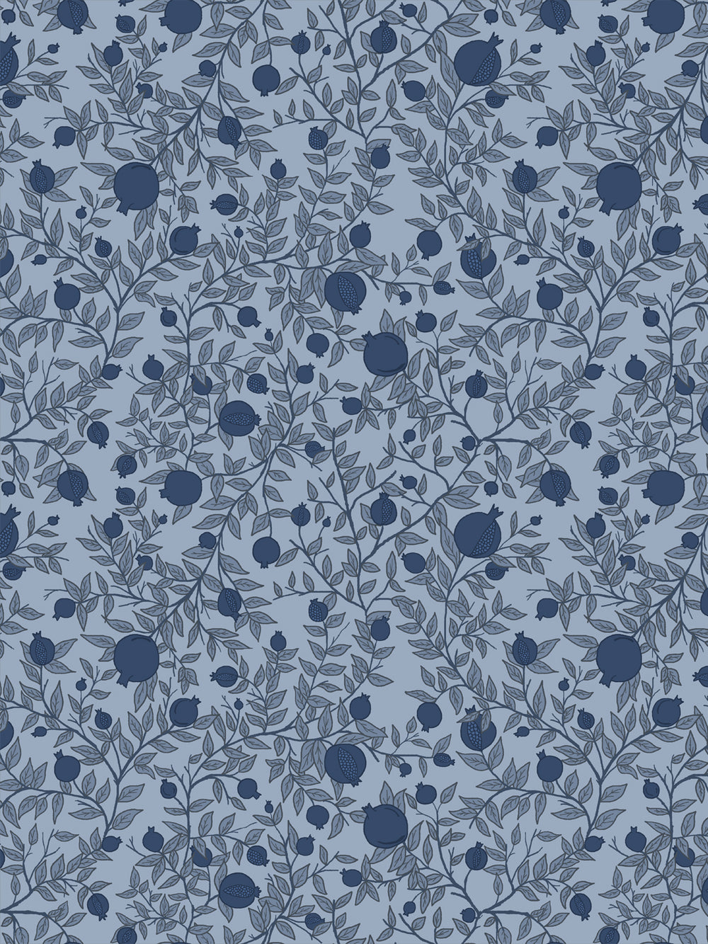 Tonal pomegranate branch wallpaper with navy fruit and grey-blue leaves on a dusty slate blue ground
