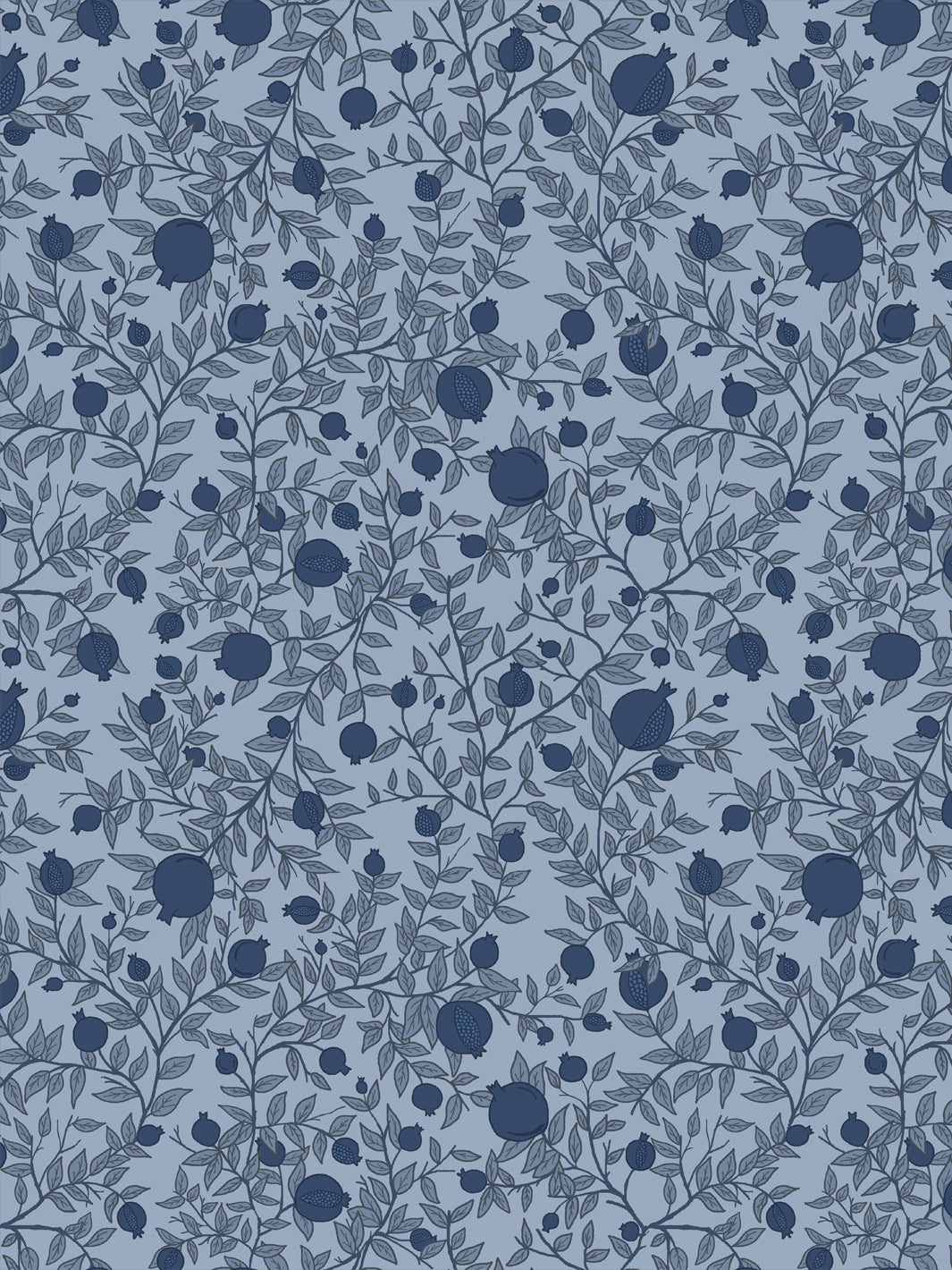 Tonal pomegranate branch wallpaper with navy fruit and grey-blue leaves on a dusty slate blue ground