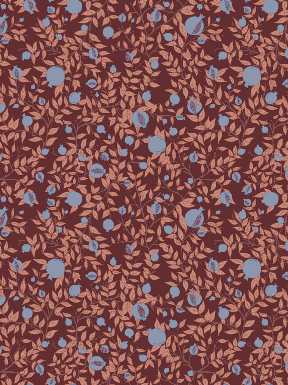 Pomegranate branch wallpaper with periwinkle blue fruit and terracotta leaves on a deep plum ground