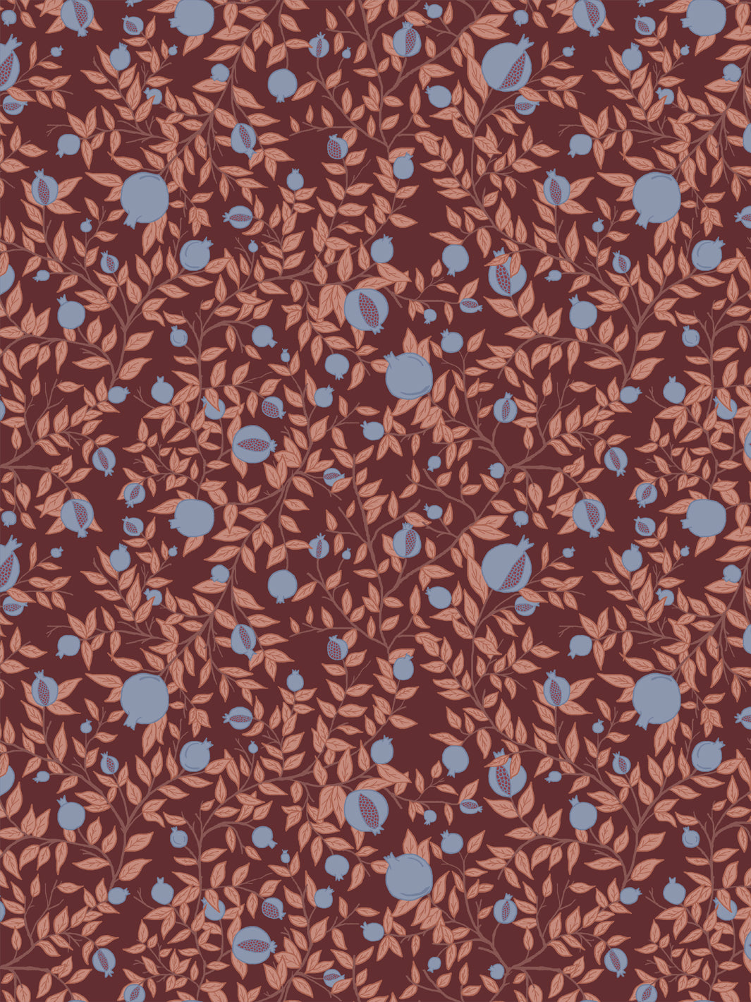 Pomegranate branch wallpaper with periwinkle blue fruit and terracotta leaves on a deep plum ground
