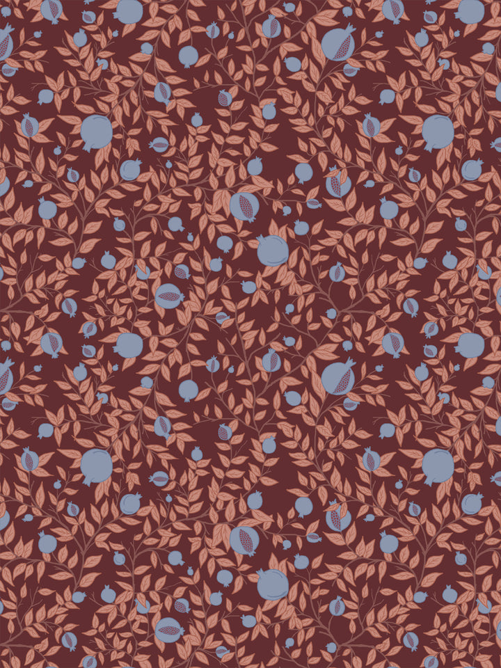 Pomegranate branch wallpaper with periwinkle blue fruit and terracotta leaves on a deep plum ground