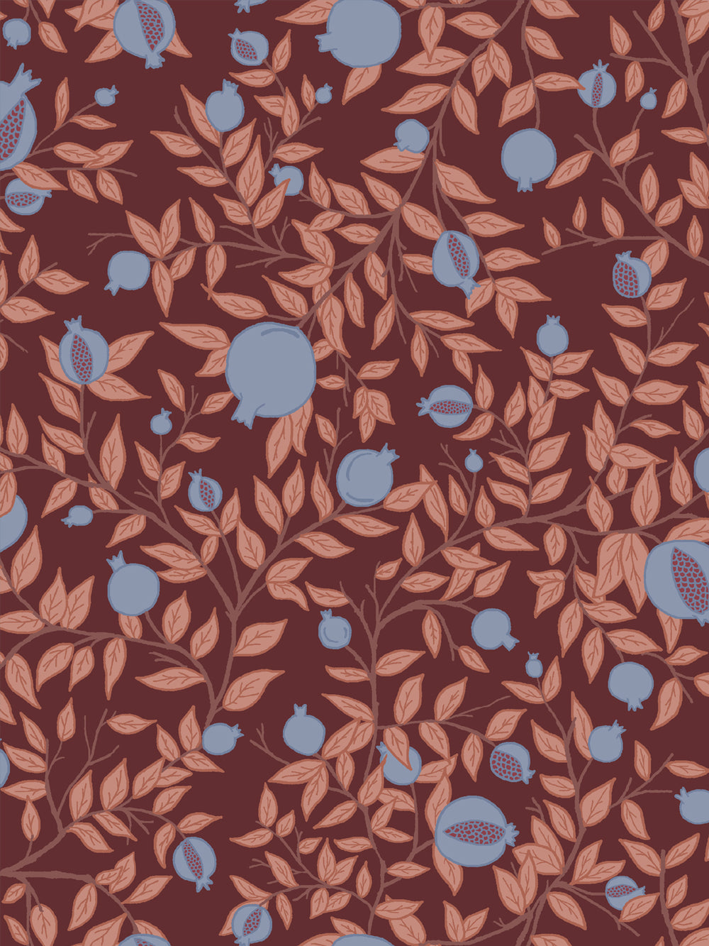 Close crop of periwinkle blue-grey pomegranate fruit on deep plum-burgundy