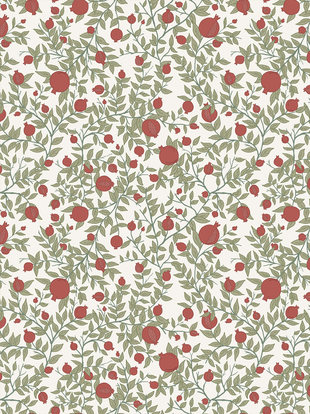 Pomegranate branch wallpaper with brick red fruit and sage green leaves on an ivory ground