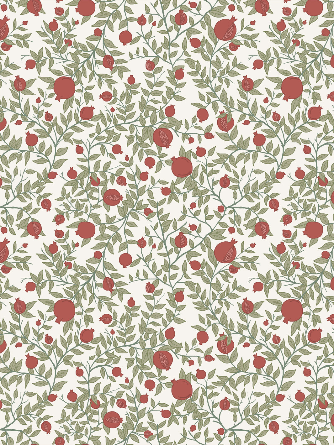 Pomegranate branch wallpaper with brick red fruit and sage green leaves on an ivory ground