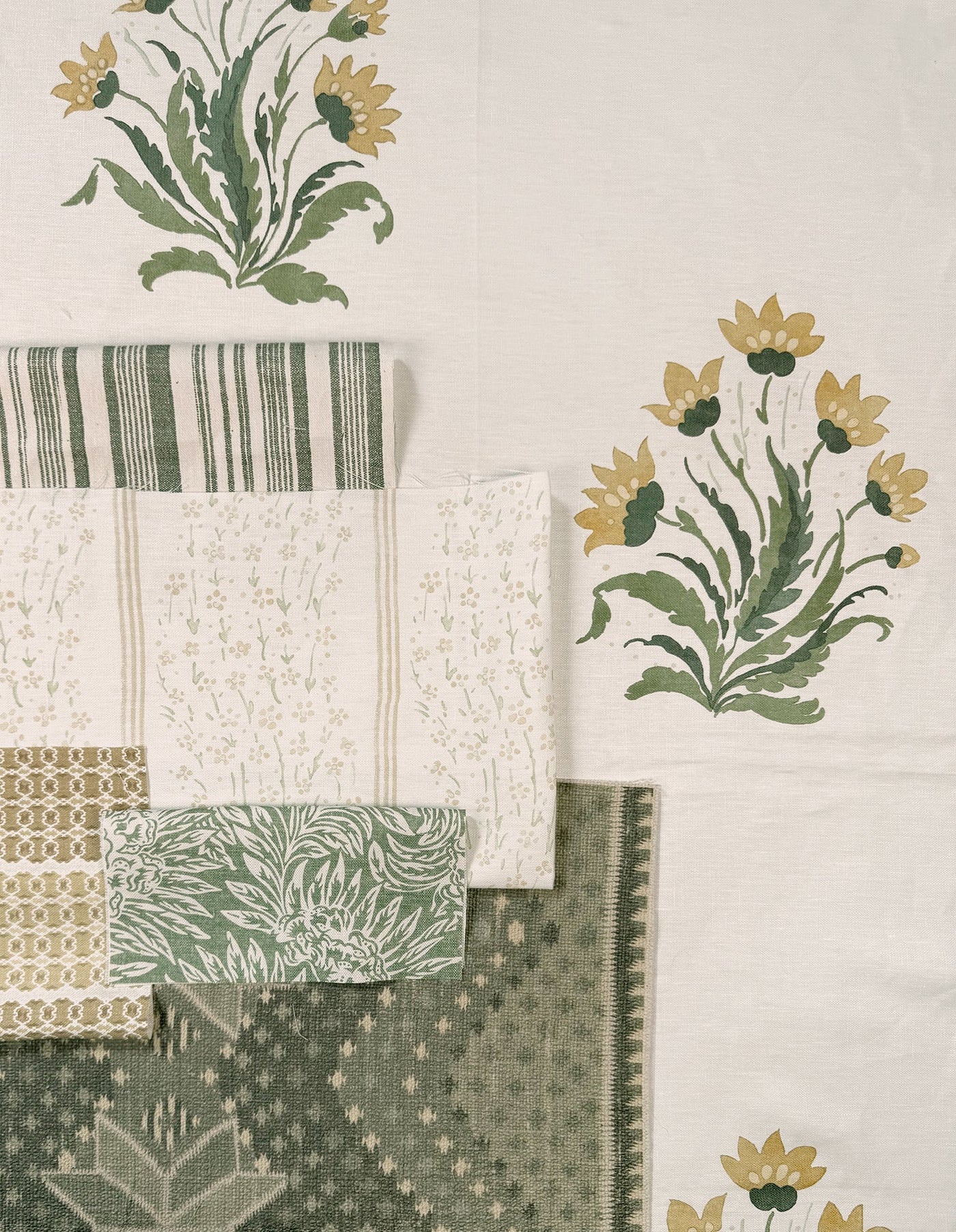 'Hillhouse Block Print Large' Linen Fabric by Nathan Turner - Gold Green
