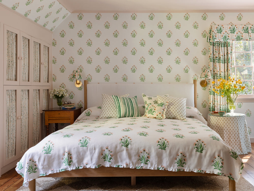 hillhouse block print large linen fabric by nathan turner blue green