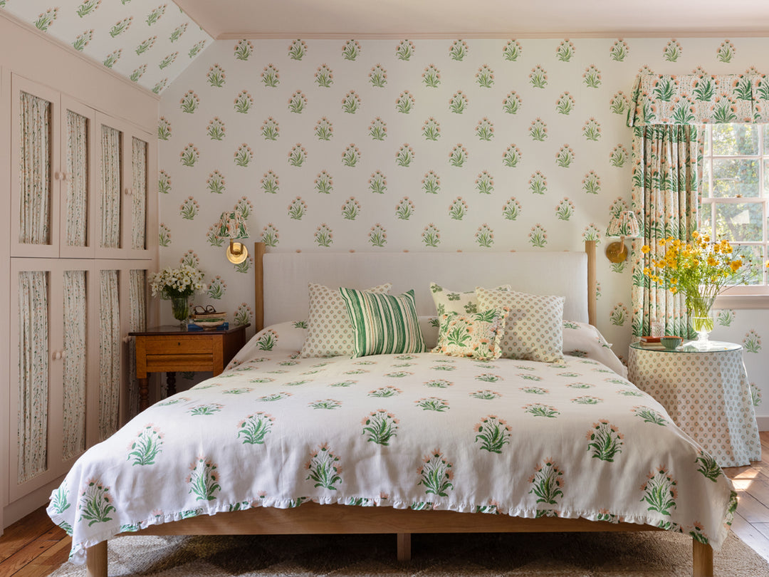 hillhouse block print large linen fabric by nathan turner blue green