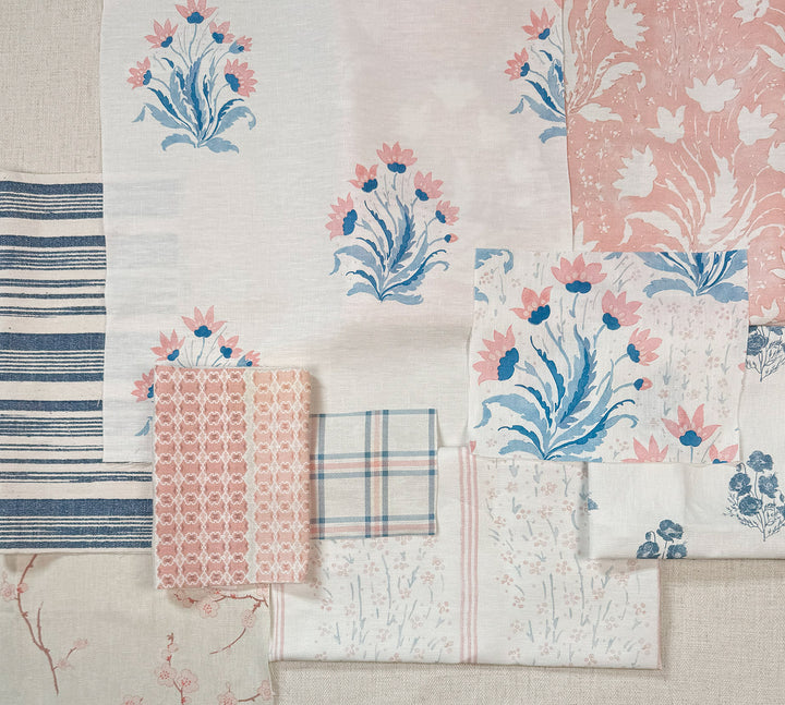hillhouse block print small linen fabric by nathan turner pink blue