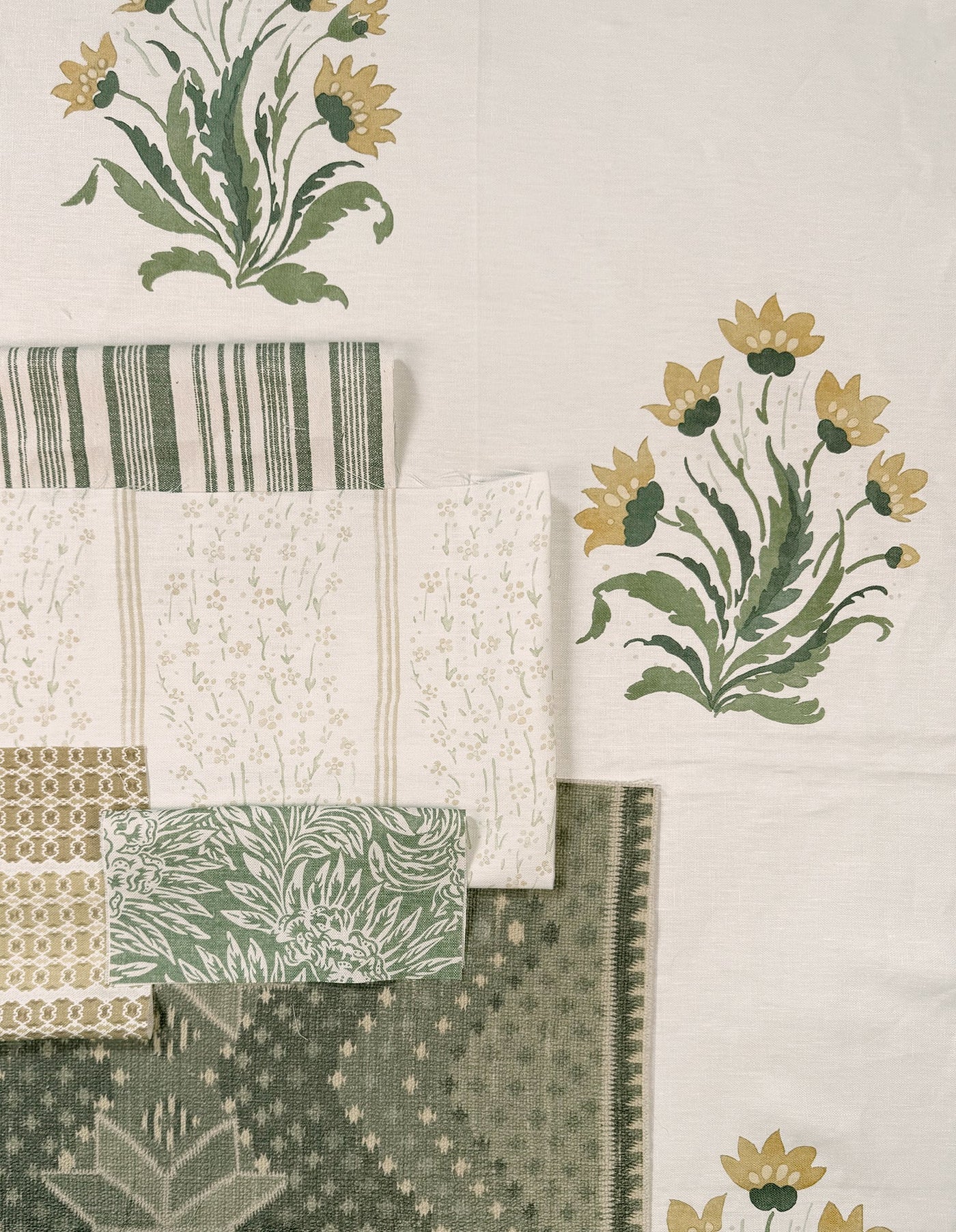 'Hillhouse Floral Ditsy Wave Stripe' Linen Fabric by Nathan Turner - Gold Green