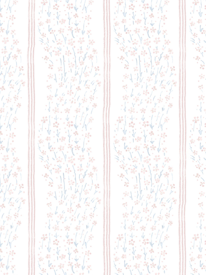 'Hillhouse Floral Ditsy Wave Stripe' Wallpaper by Nathan Turner - Pink Blue