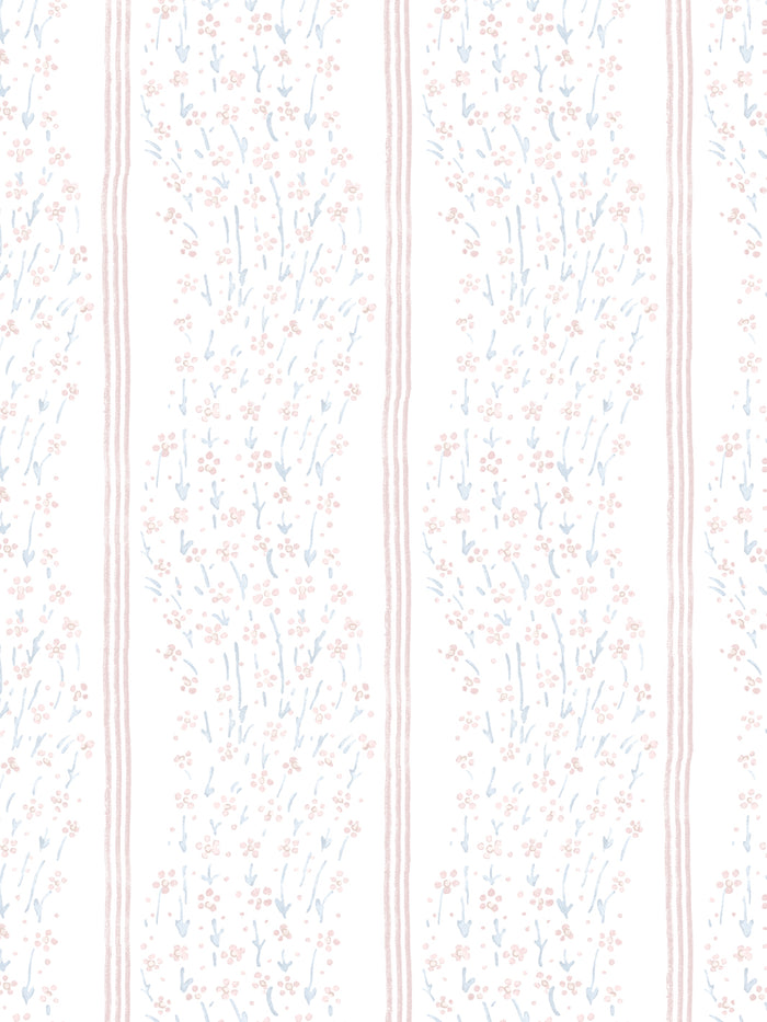 'Hillhouse Floral Ditsy Wave Stripe' Wallpaper by Nathan Turner - Blue Pink
