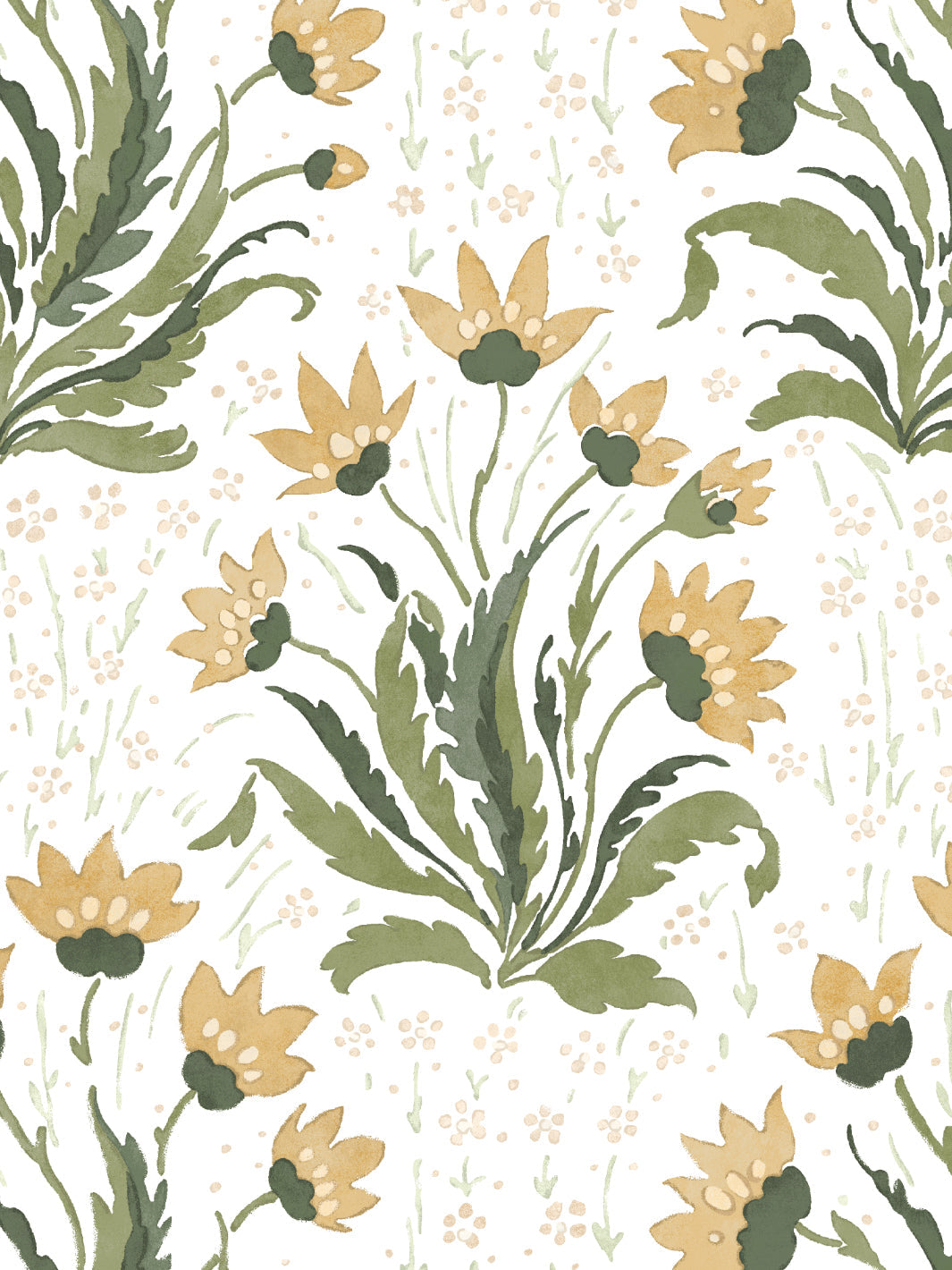 'Hillhouse Floral Multi' Wallpaper by Nathan Turner - Gold Green