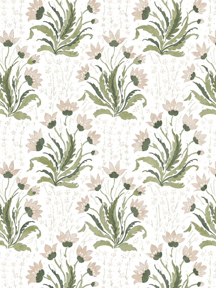 'Hillhouse Floral Multi' Wallpaper by Nathan Turner - Neutral Green