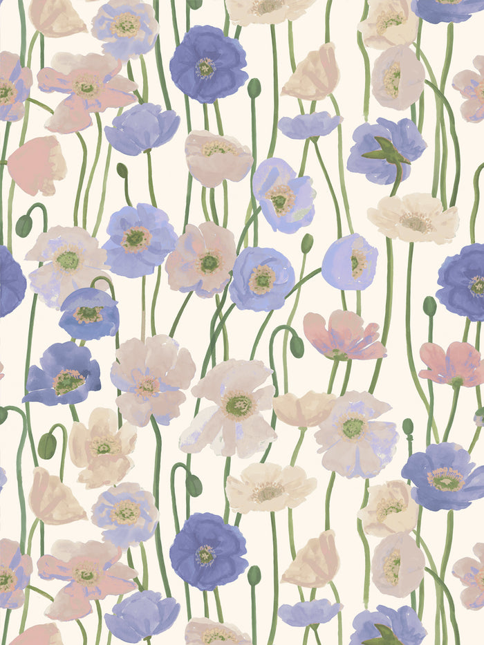 'Icelandic Poppies' Wallpaper by Wallshoppe - Blue Cream