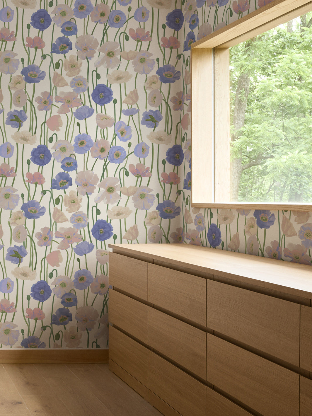 'Icelandic Poppies' Wallpaper in Blue Cream - Room Scene