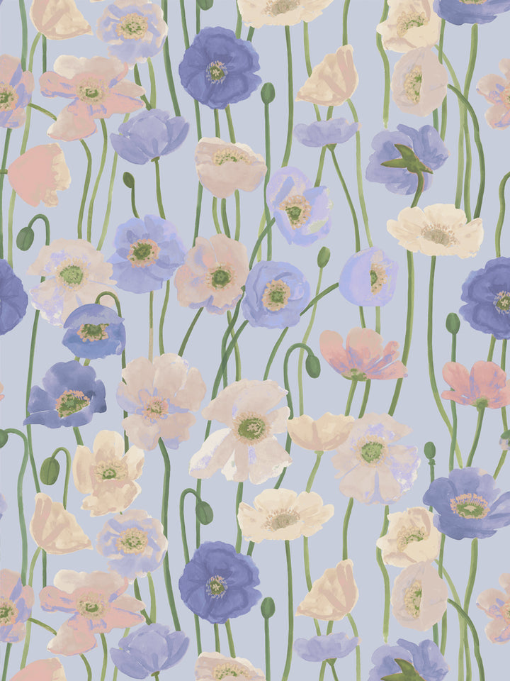 'Icelandic Poppies' Wallpaper in Blues - Design Pattern