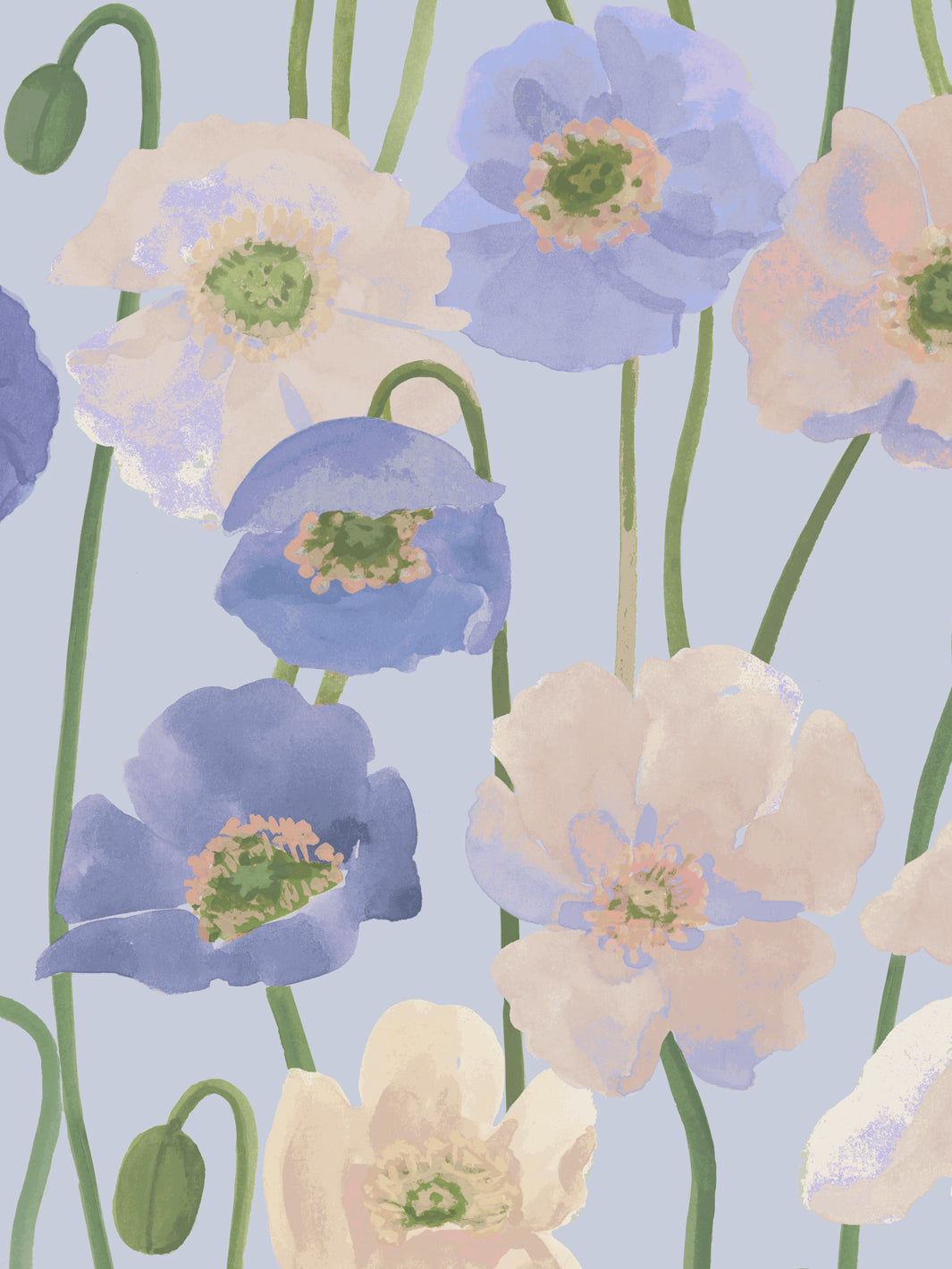 'Icelandic Poppies' Wallpaper in Blues - Detail Close-Up