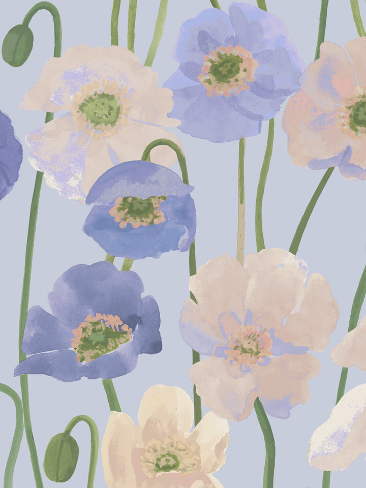 'Icelandic Poppies' Wallpaper in Blues - Detail Close-Up