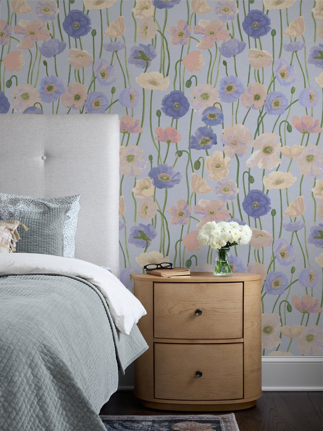 'Icelandic Poppies' Wallpaper in Blues - Room Scene