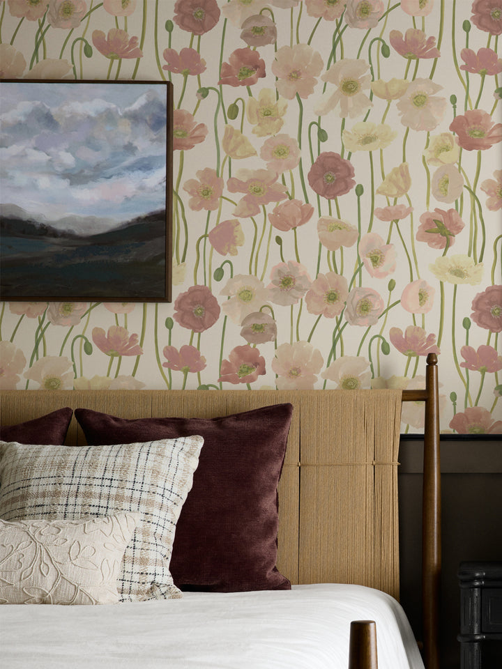'Icelandic Poppies' Wallpaper in Mauve Cream - Room Scene