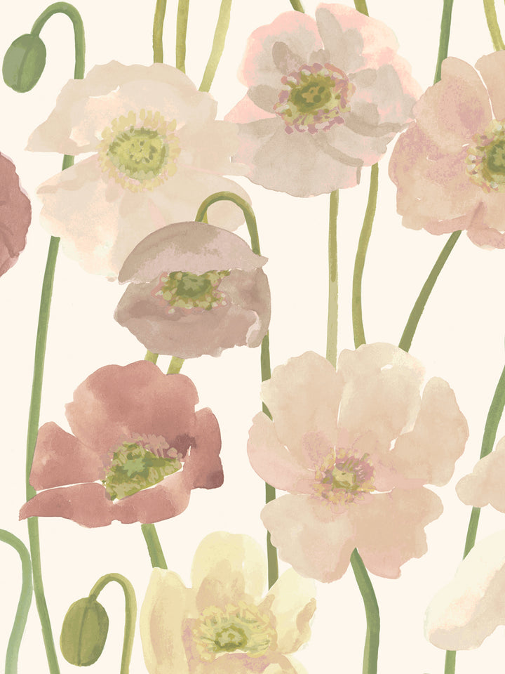 'Icelandic Poppies' Wallpaper in Mauve Cream - Detail Close-Up