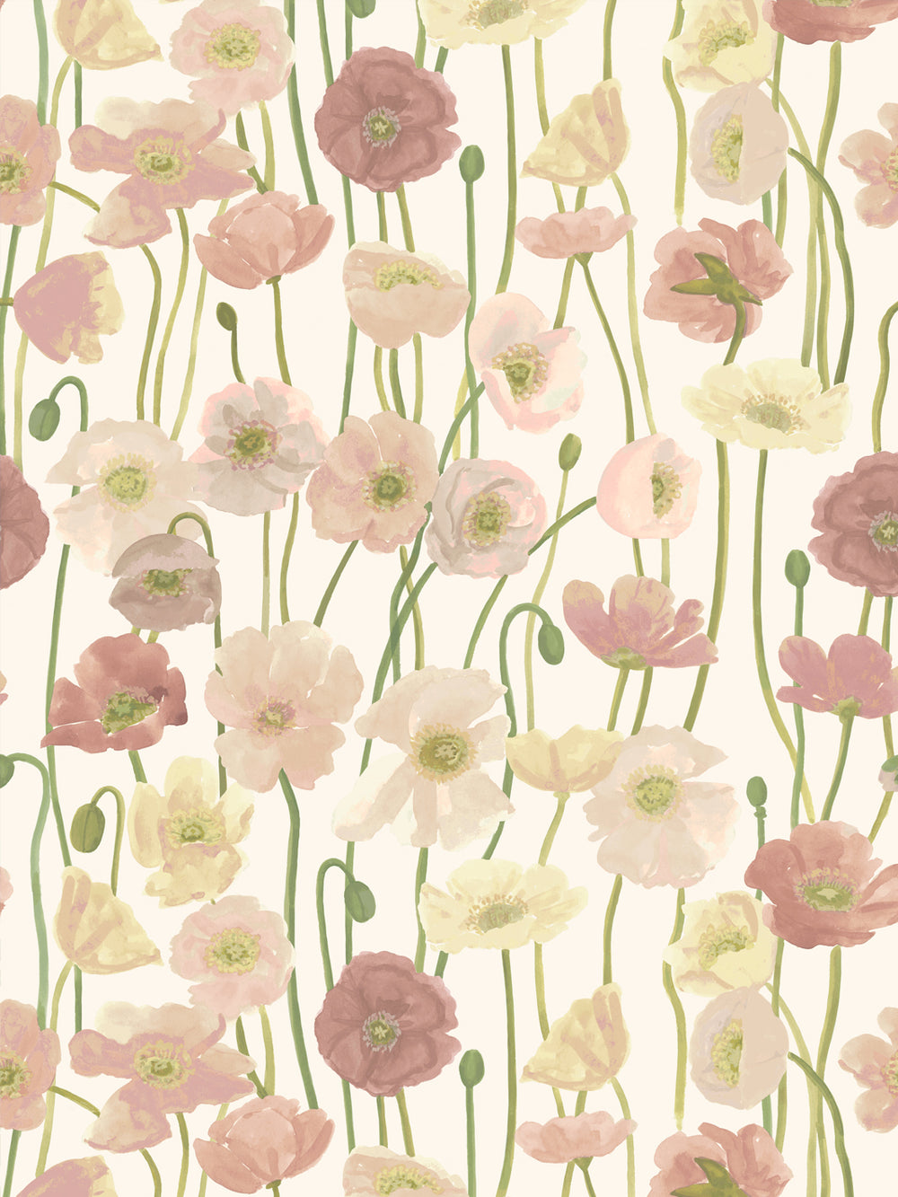 'Icelandic Poppies' Wallpaper in Mauve Cream - Design Pattern