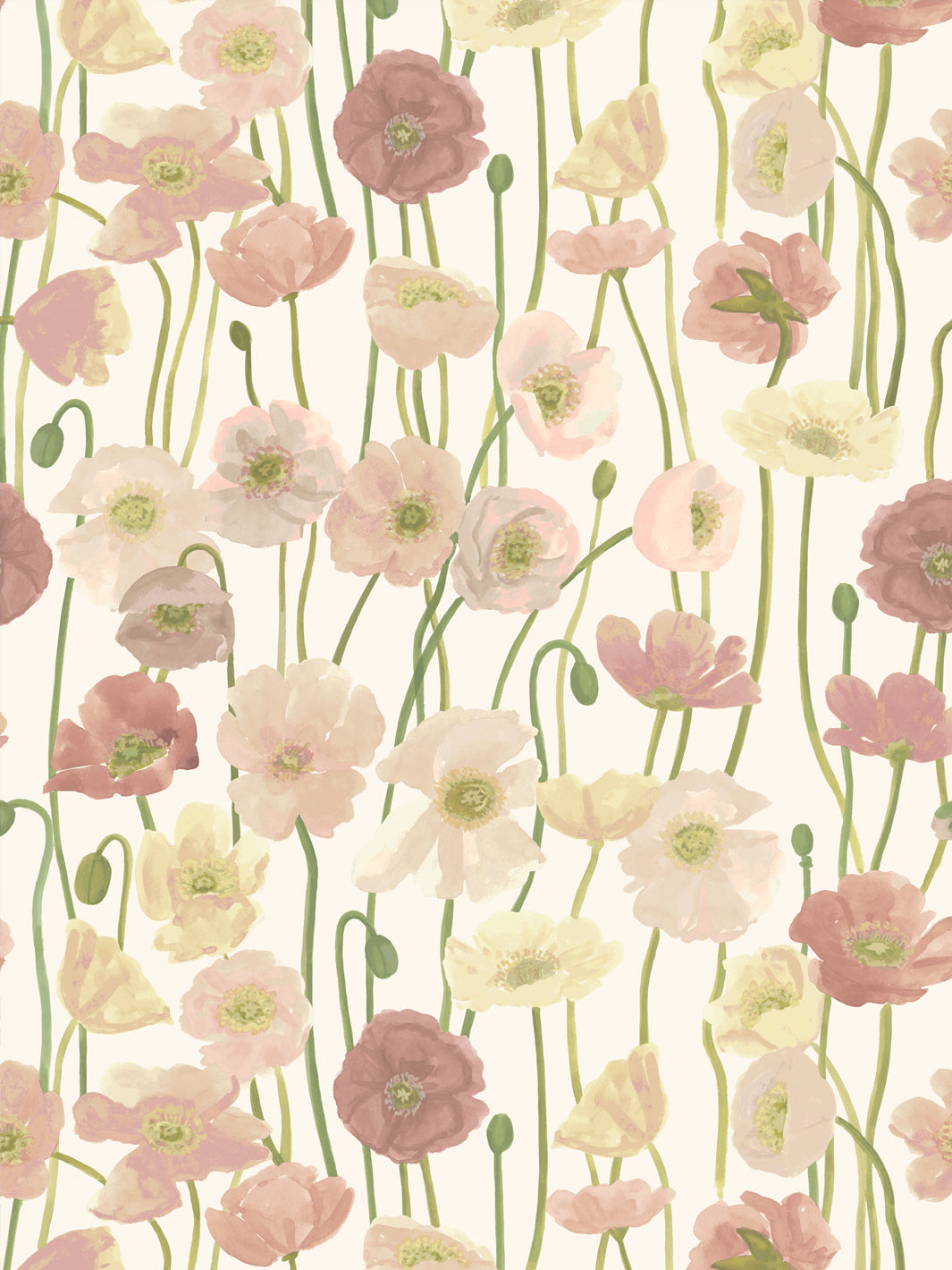'Icelandic Poppies' Wallpaper in Mauve Cream - Design Pattern