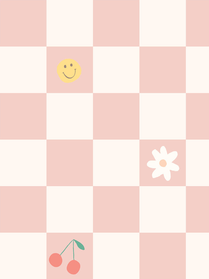 'Icons Check' Wallpaper by Meri Meri - Cream Petal Pink