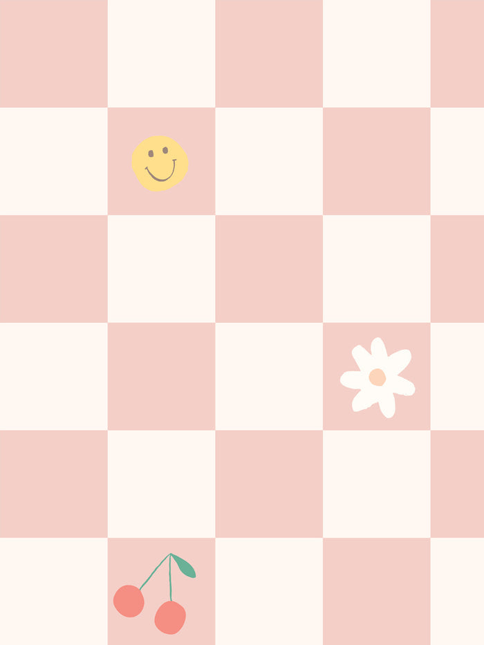 'Icons Check' Wallpaper by Meri Meri - Cream Petal Pink