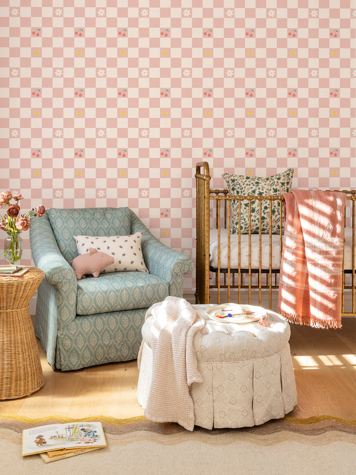 'Icons Check' Wallpaper by Meri Meri - Cream Petal Pink