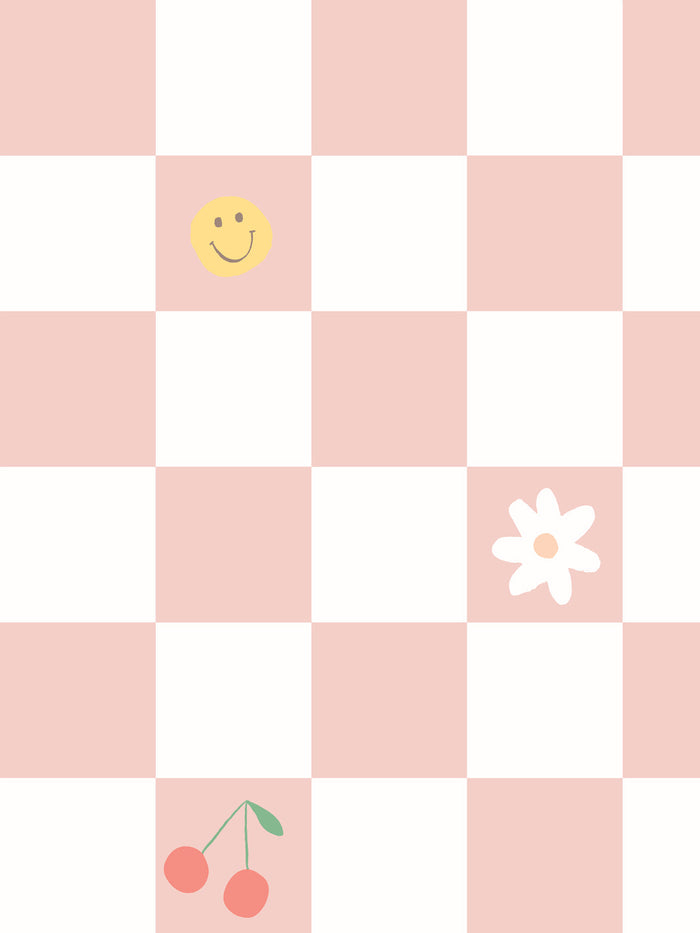 'Icons Check' Wallpaper by Meri Meri - Petal Pink
