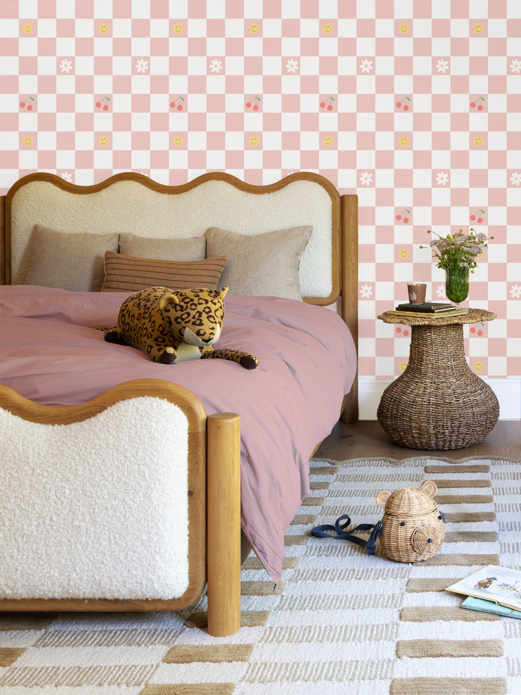 'Icons Check' Wallpaper by Meri Meri - Petal Pink