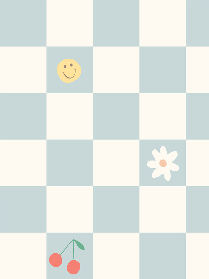 'Icons Check' Wallpaper by Meri Meri - Vintage Blue