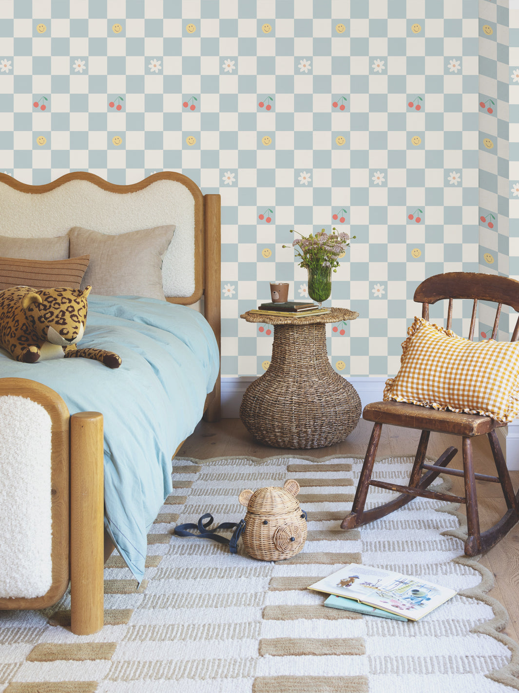 'Icons Check' Wallpaper by Meri Meri - Vintage Blue
